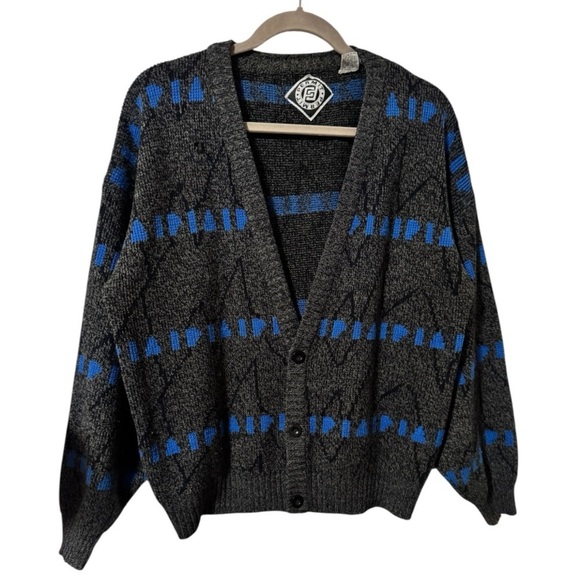 Vintage 90’s PERMIT gray cardigan sweater black blue accent graphics men’s large - Picture 1 of 15